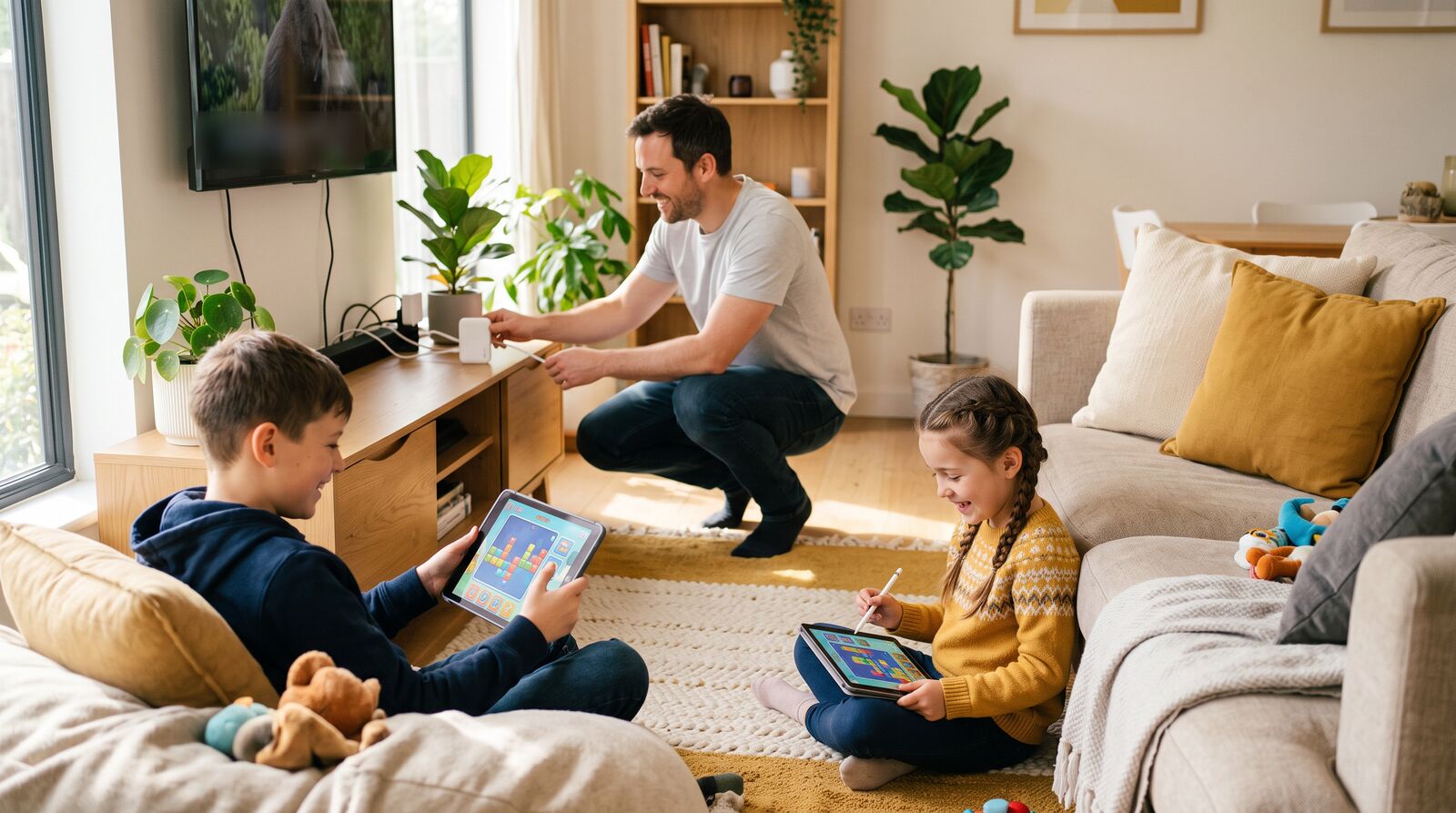 A dad plugs in a small WonderFi router while his two kids smile, solving puzzles on their tablets